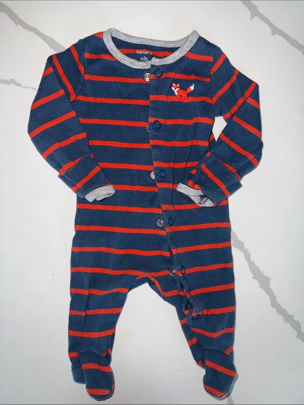 Carter's Navy and Red Striped Footed One-Piece with Fox Accent